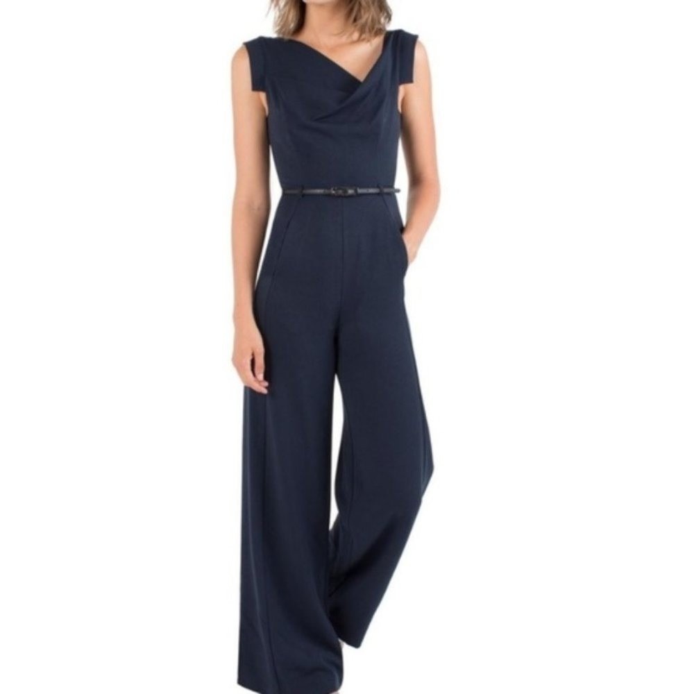 Black Halo Jackie O Belted Romper Dressy Jumpsuit‎ Navy Blue Sz 6